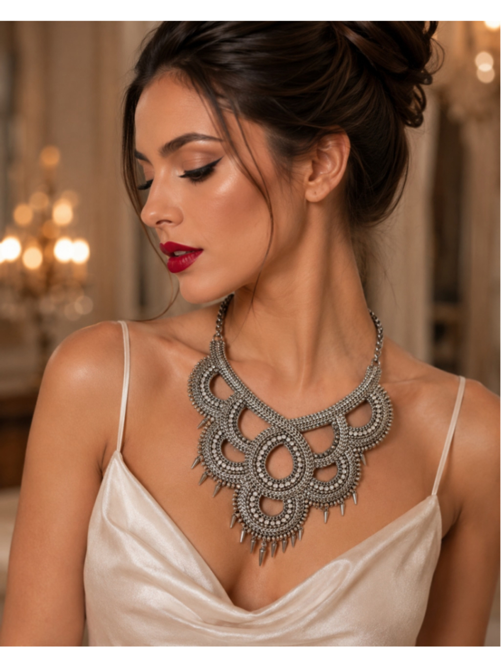 Stella & Dot Tallulah Statement Necklace Silver Tone Crystal Bib Necklace